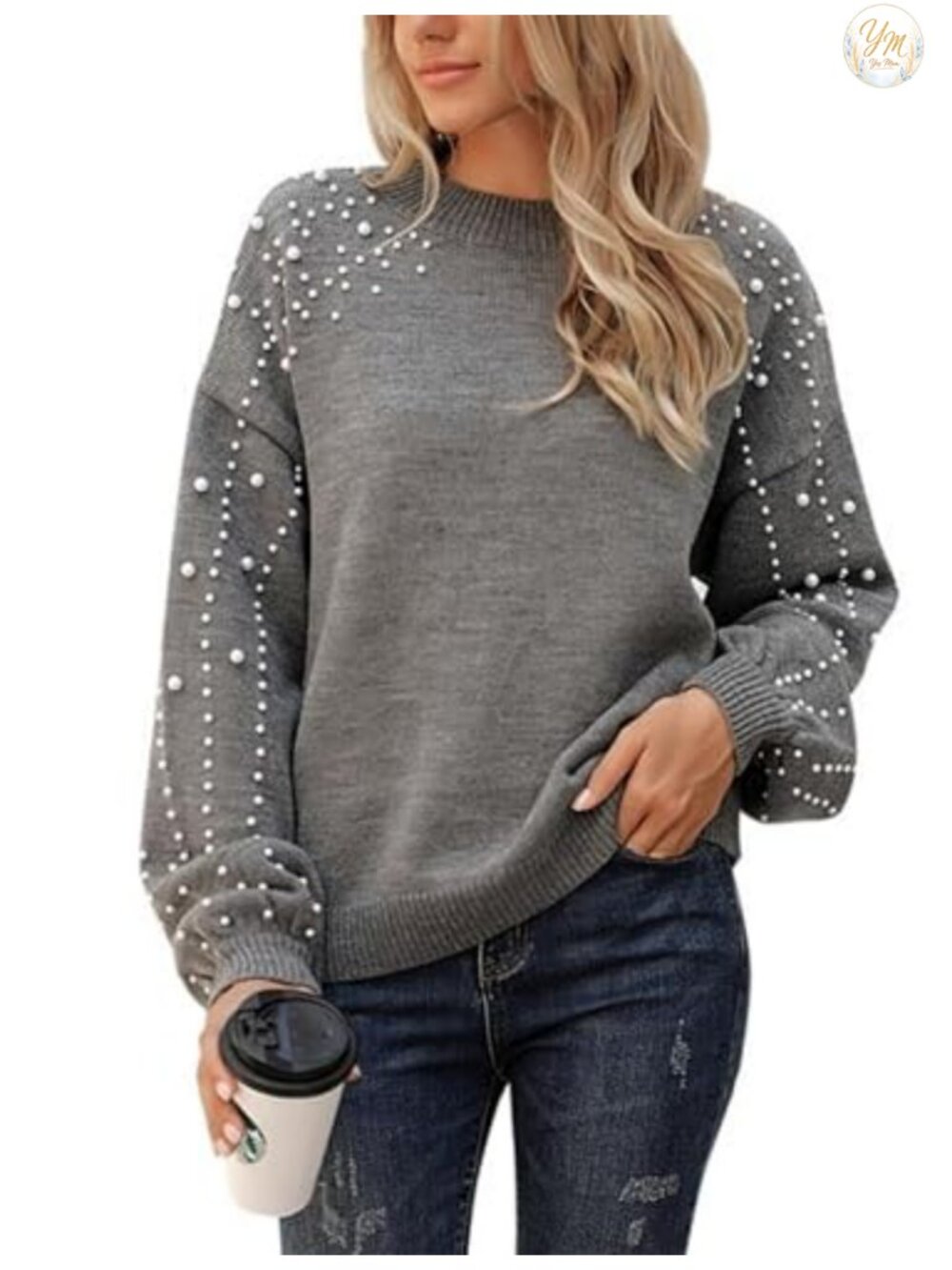 Oversized Chunky Knit Pullover Sweater Long Lantern Sleeve Mock Neck